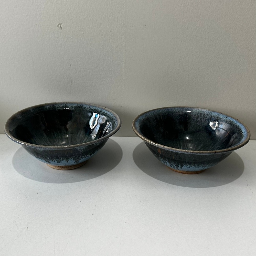 Studio Pottery Drip Glaze Bowls Set of 2 Blue Black Artisan Signed Ceramics 5.5"